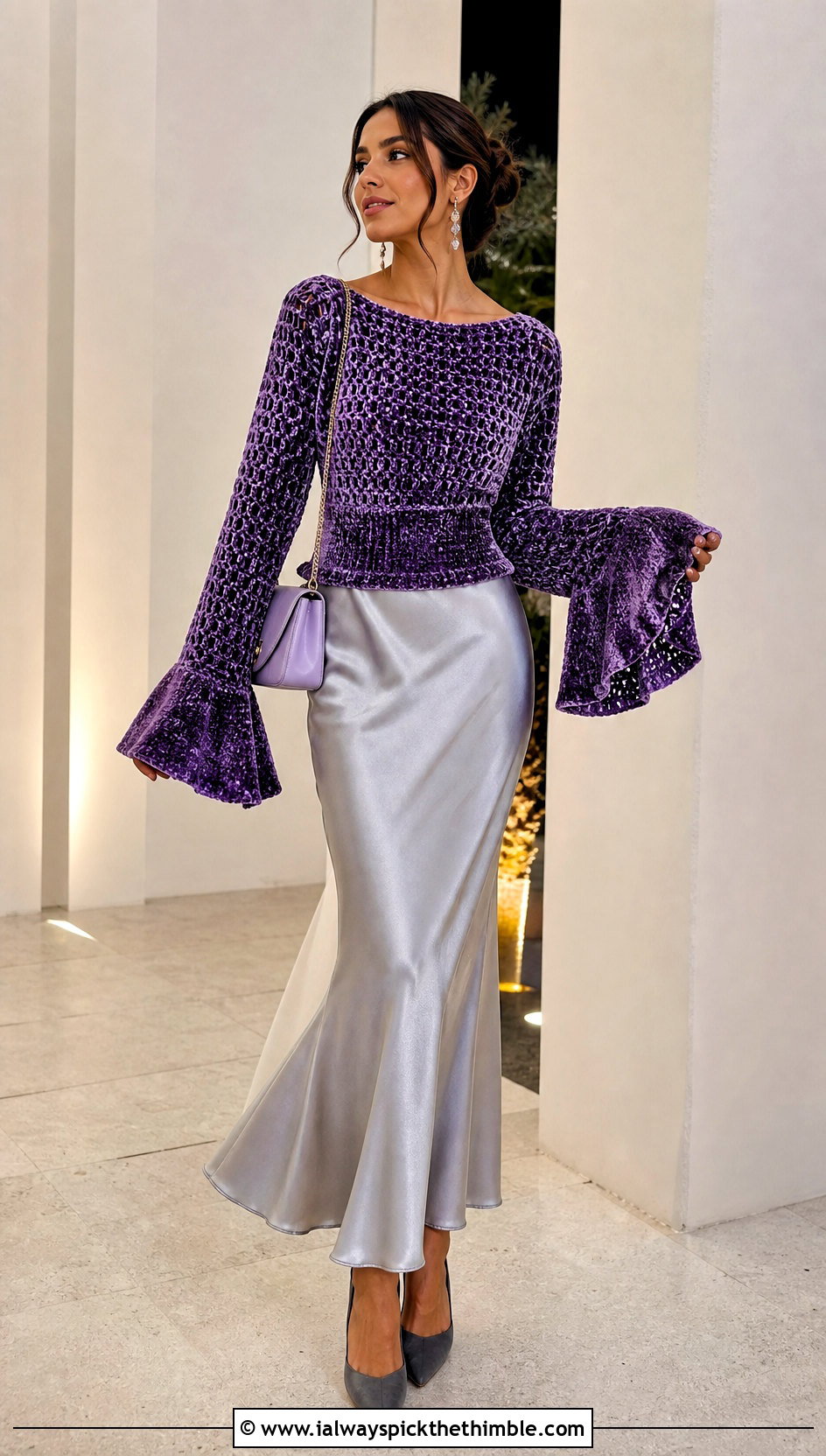 Crochet Velvet Bell Sleeve Top With Slip Skirt - 20 crochet velvet top outfit ideas