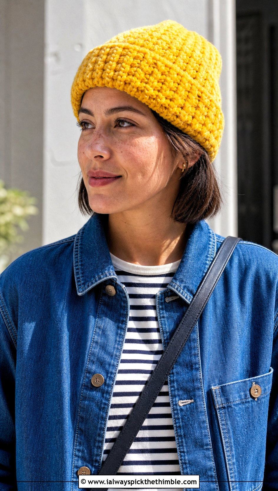 Crochet Velvet Cuffed Beanie With Denim Chore Jacket - 15 Crochet Velvet Hat outfit ideas