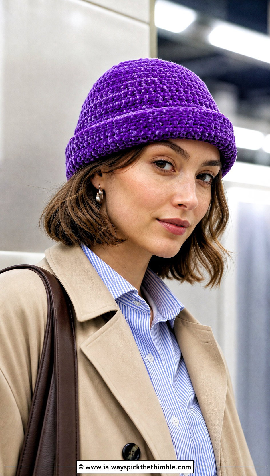 Crochet Velvet Fisherman Beanie With Tailored Trench Coat - 15 Crochet Velvet Hat outfit ideas