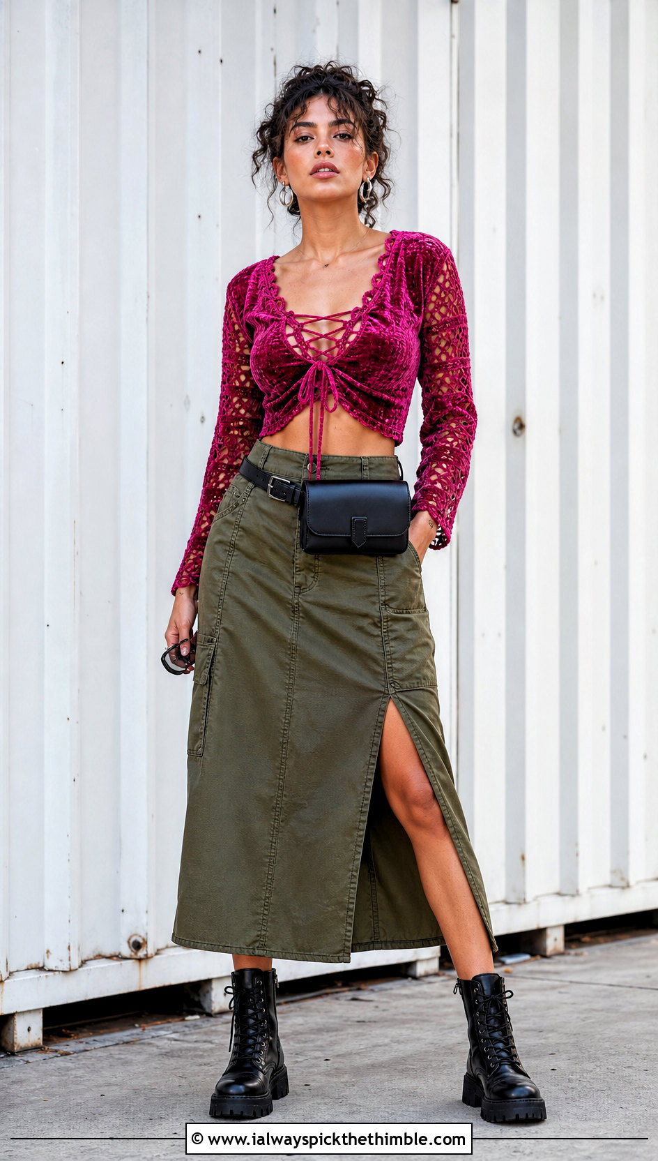 Crochet Velvet Lace Up Top With Utility Skirt - 20 crochet velvet top outfit ideas
