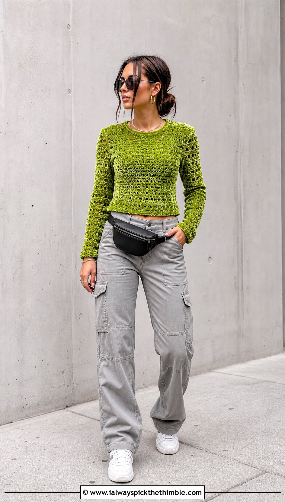 Crochet Velvet Long Sleeve Top With Cargo Pants - 20 crochet velvet top outfit ideas