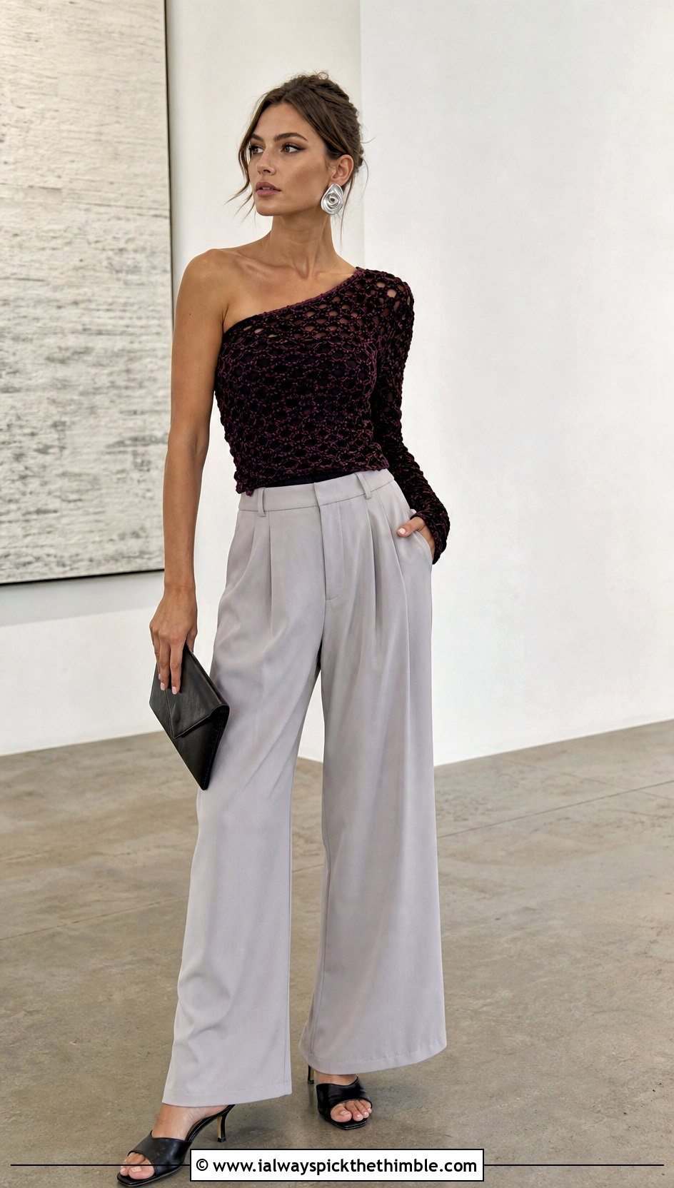 Crochet Velvet One Shoulder Top With Pleated Pants - 20 crochet velvet top outfit ideas