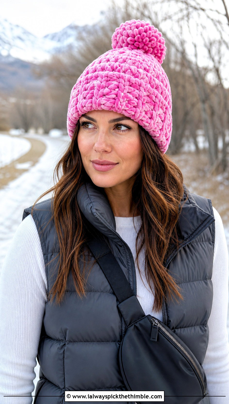 Crochet Velvet Pom Pom Beanie With Puffer Vest - 15 Crochet Velvet Hat outfit ideas