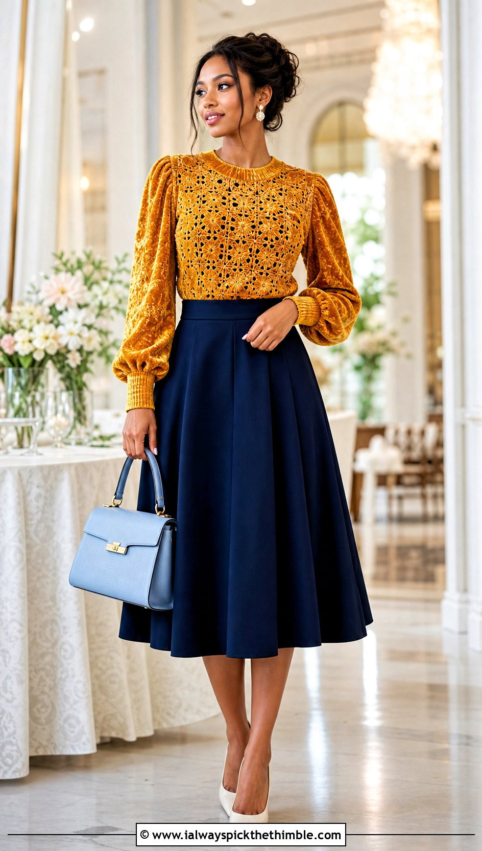Crochet Velvet Puff Sleeve Top With A Line Skirt - 20 crochet velvet top outfit ideas