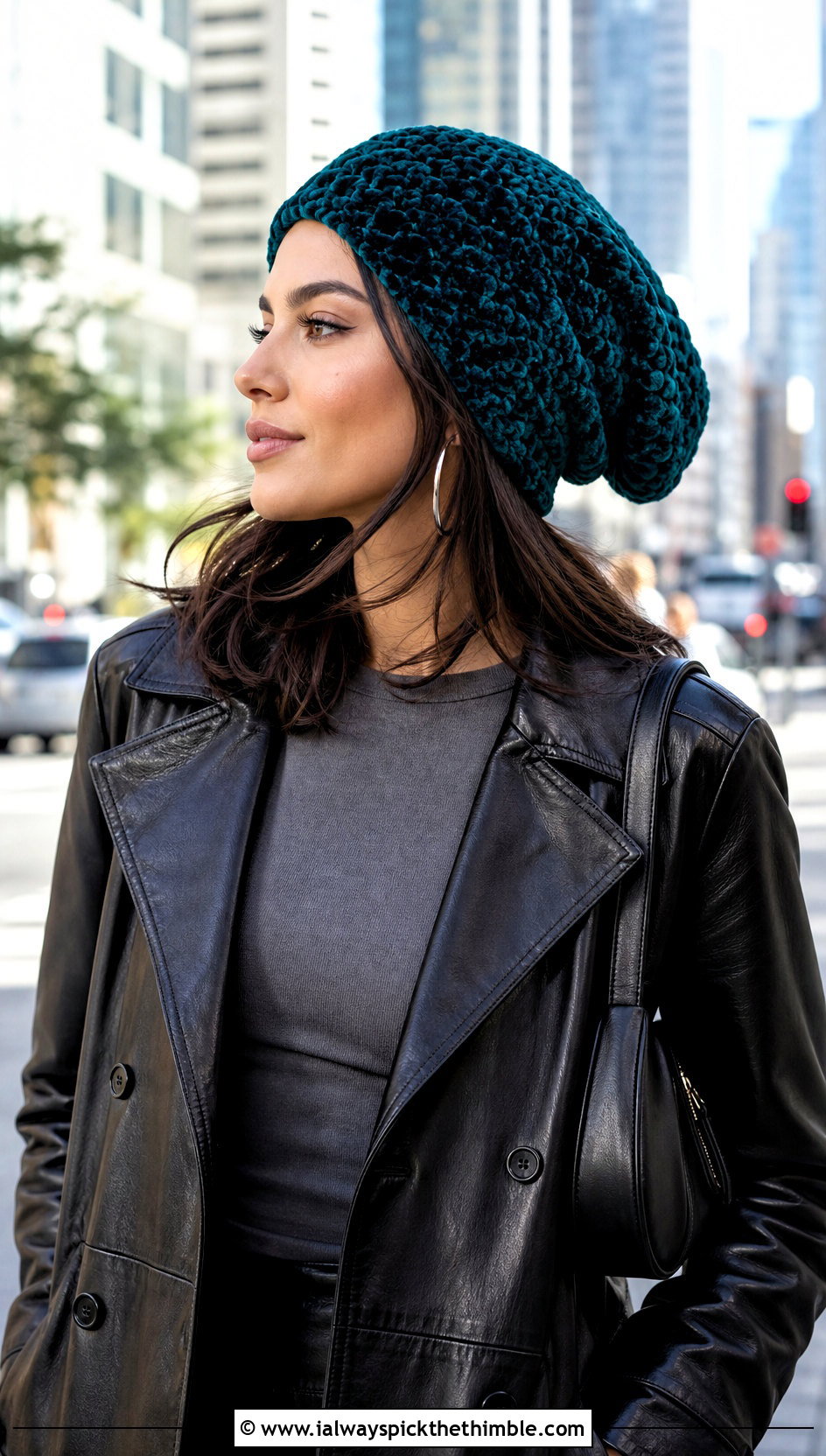 Crochet Velvet Slouchy Beanie With Leather Trench Coat - 15 Crochet Velvet Hat outfit ideas