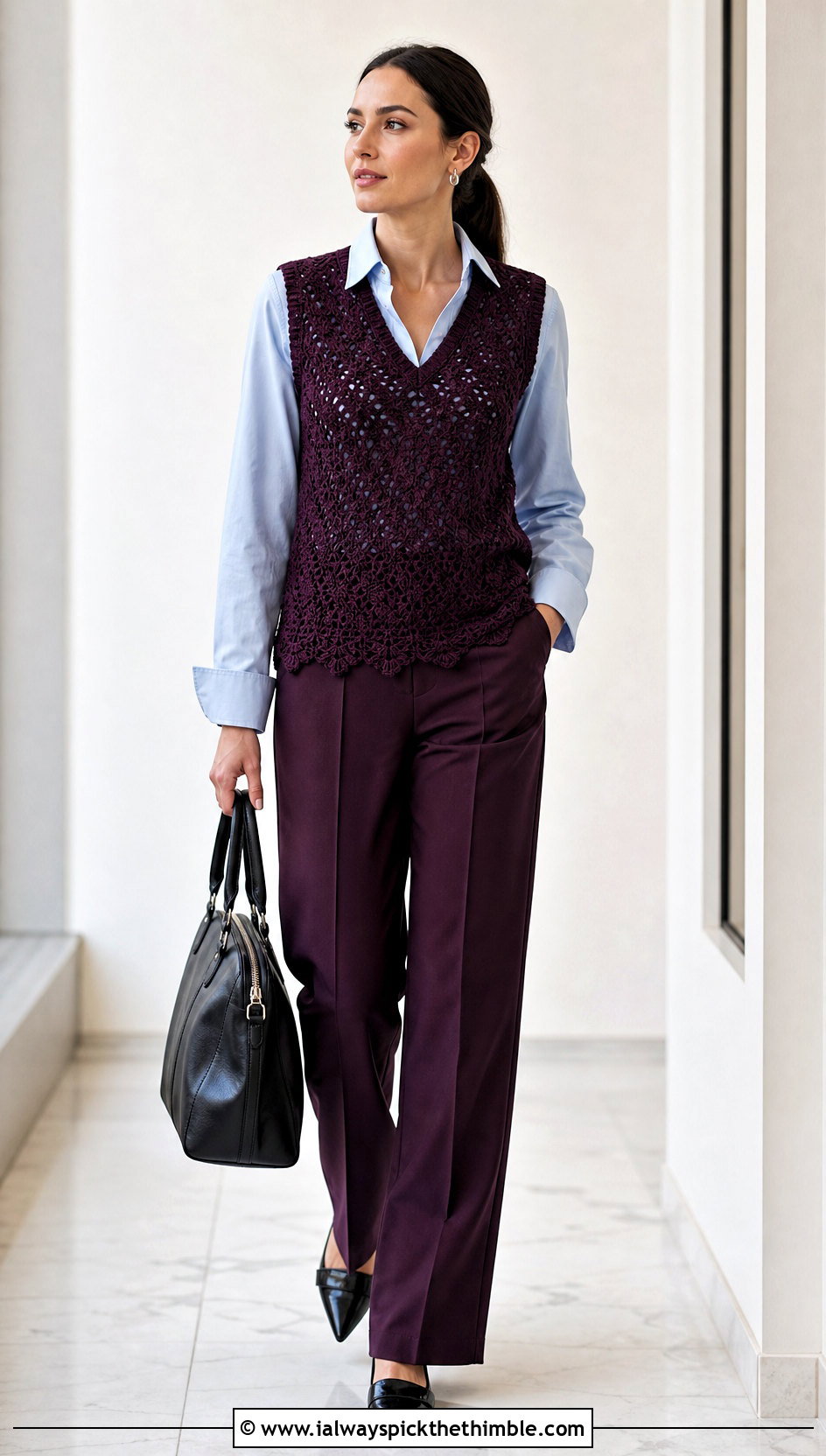 Crochet Vest And Tailored Pants Set With Oxford Shirt - 20 crochet pants set outfit ideas