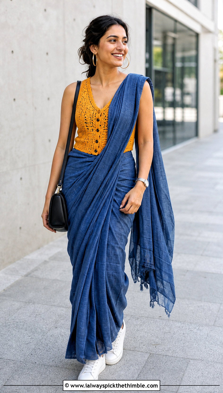 Crochet Vest Blouse With Denim Saree - 25 Crochet Blouse For Saree outfit ideas