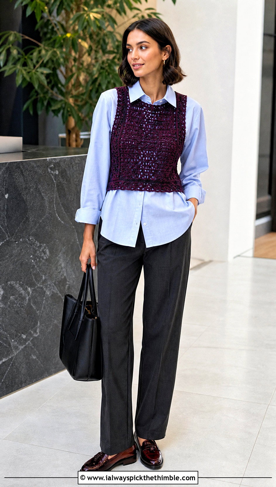 Crochet Vest Crop Top Over A Button Down Shirt - 25 crop crochet top outfit ideas