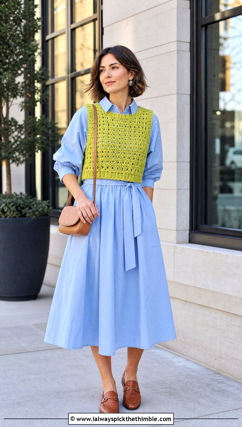 Crochet Vest Crop Top Over A Poplin Midi Dress - 20 Crochet Crop Top Inspiration outfit ideas