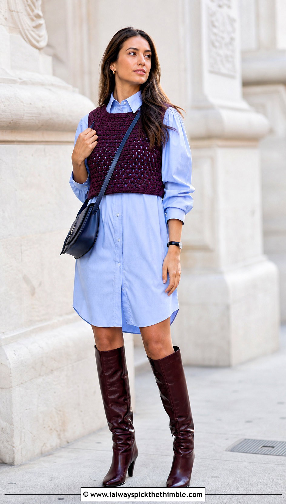 Crochet Vest Crop Top Over A Poplin Shirt Dress - 25 crochet crop top outfits ideas