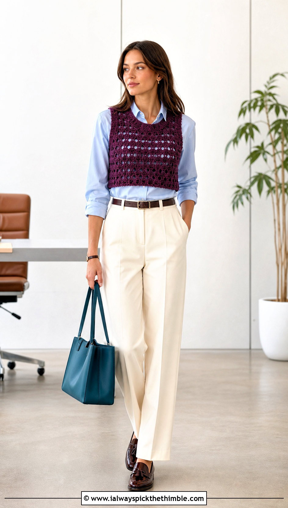 Crochet Vest Crop Top With Button Down And Trousers - 25 Summer Crochet Crop Top Outfit ideas