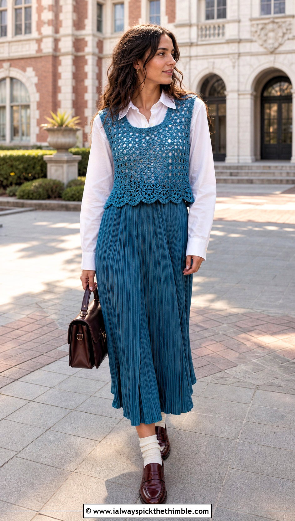 Crochet Vest Top And Pleated Midi Skirt With Button Down Shirt - 25 crochet skirt and top outfit ideas