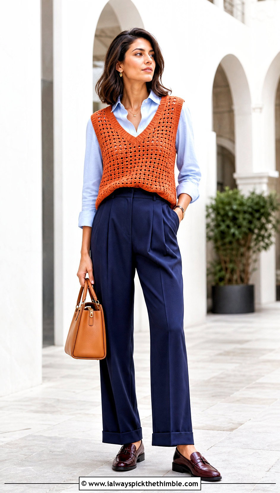 Crochet Vest Top Over a Button Down Shirt - 20 form crochet top outfit ideas