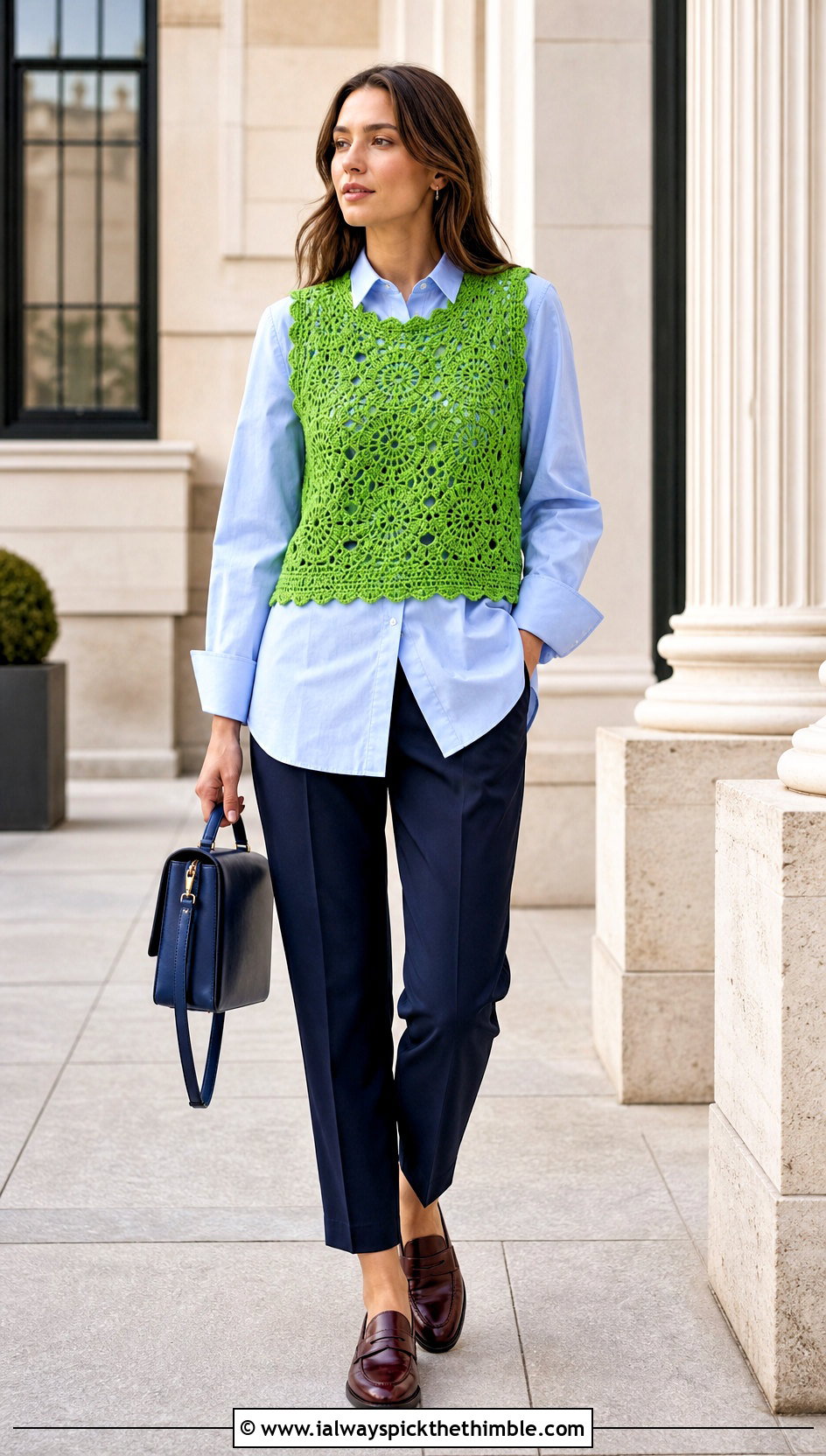 Crochet Vest Top Over a Button Down Shirt - 20 crochet knitted top outfit ideas