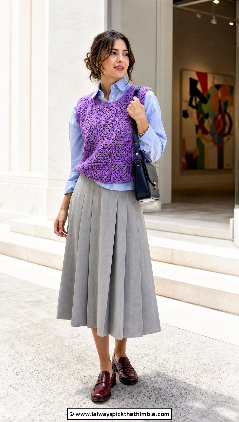 Crochet Vest Top With Oxford Shirt And Midi Skirt - 20 Crochet Top For Spring outfit ideas