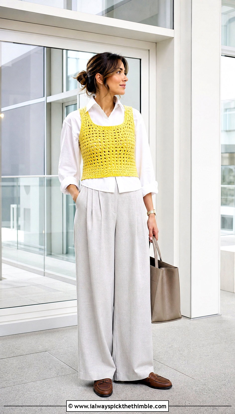 Crochet Vest Top With Pleated Trousers - 15 barbie inspired crochet top outfit ideas
