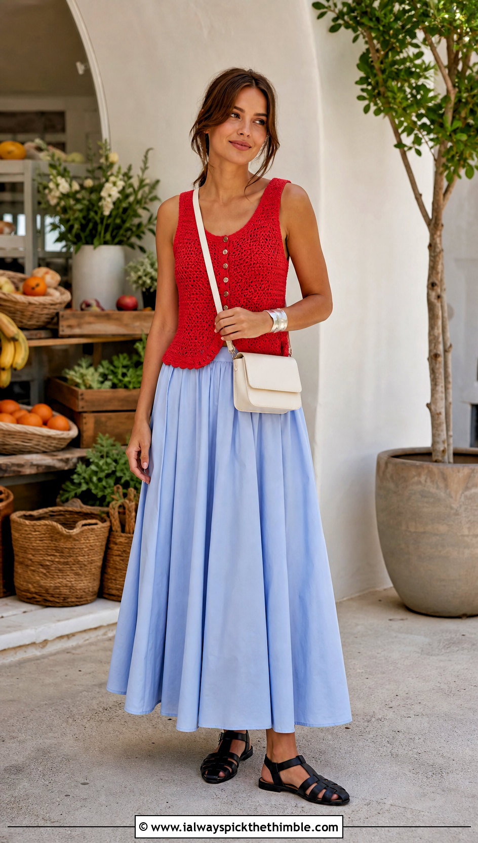 Crochet Vest Top With Poplin Maxi Skirt - 25 Crocheted Summer Tops outfit ideas