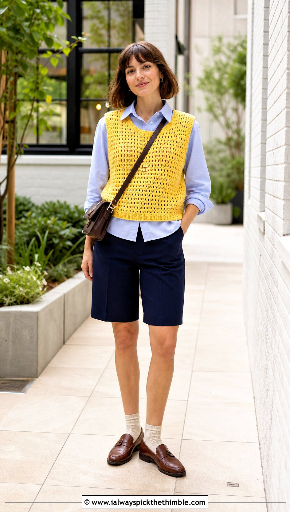 Crochet Vest Top With Poplin Shirt And Bermuda Shorts - 20 modern crochet top outfit ideas