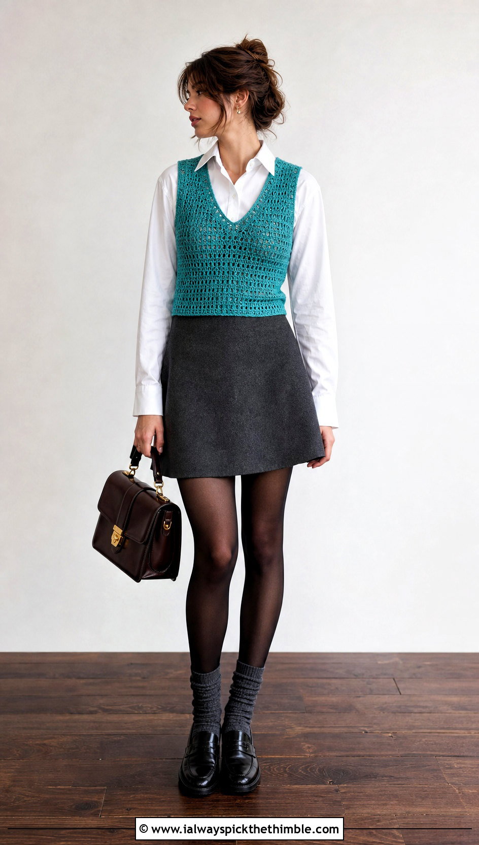 Crochet Vest Top With Poplin Shirt And Miniskirt - 15 crochet top on wooden floor outfit ideas