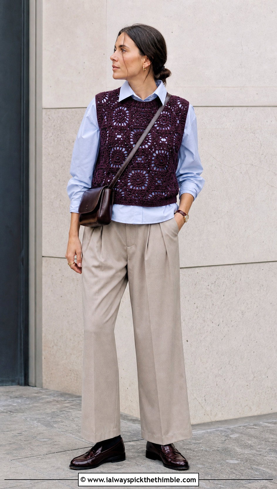 Crochet Vest Top With Poplin Shirt And Pleated Pants - 20 Women's Crochet Tops outfit ideas