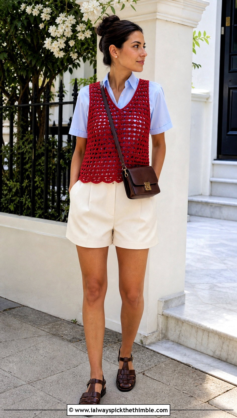 Crochet Vest Top With Poplin Shirt And Shorts - 25 cute crochet tops summer outfits ideas
