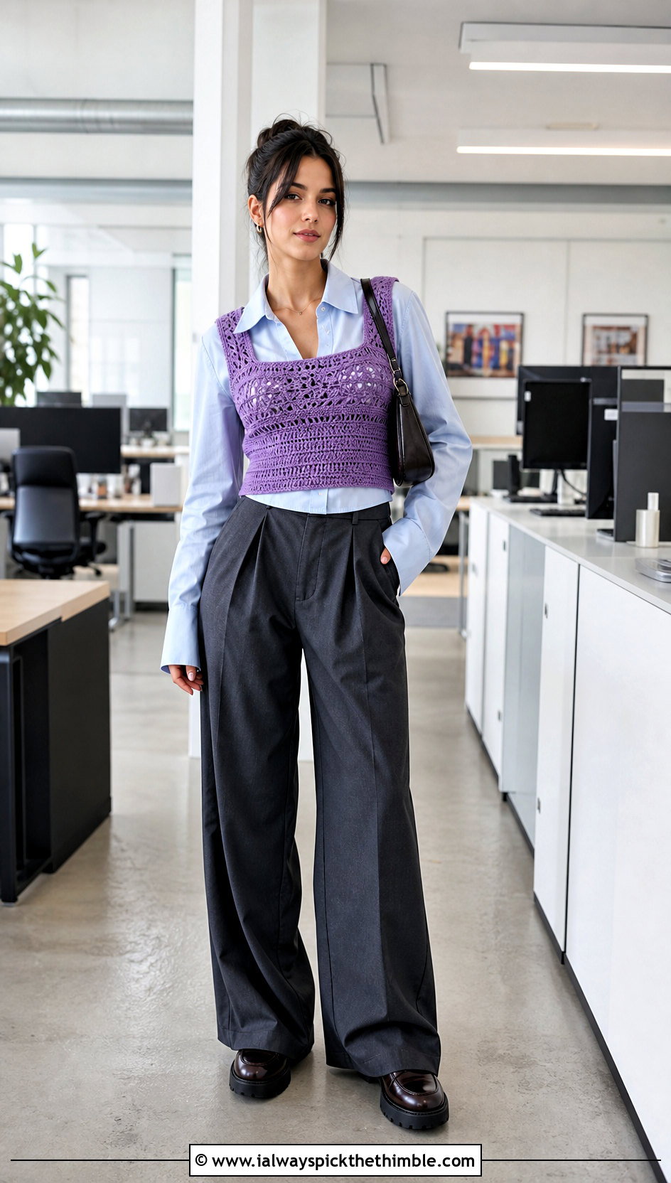 Crochet Vest Top With Poplin Shirt And Trousers - 20 Crochet Top Y2K Outfit ideas