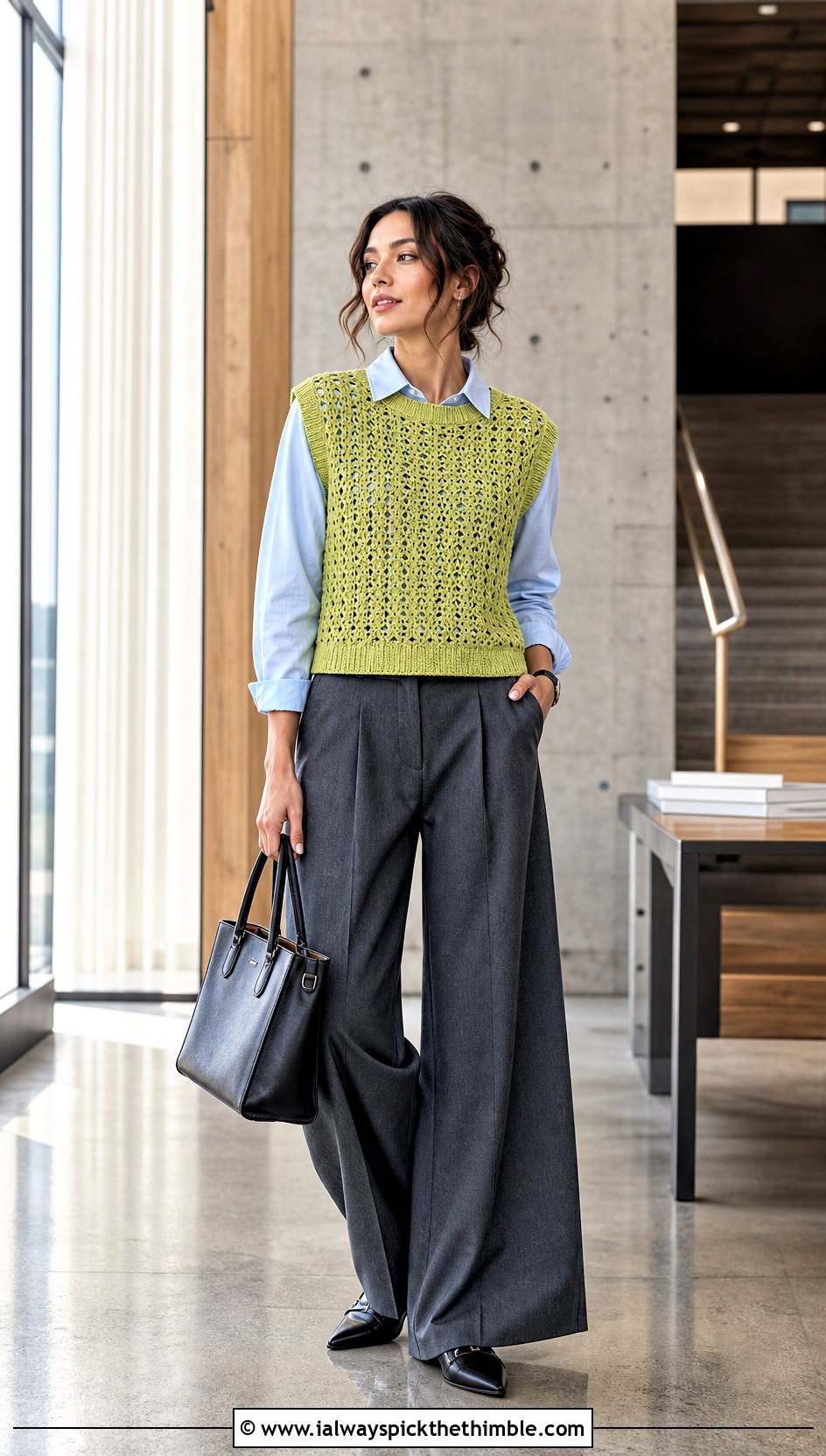 Crochet Vest Top With Poplin Shirt And Trousers - 20 lightweight crochet top outfit ideas