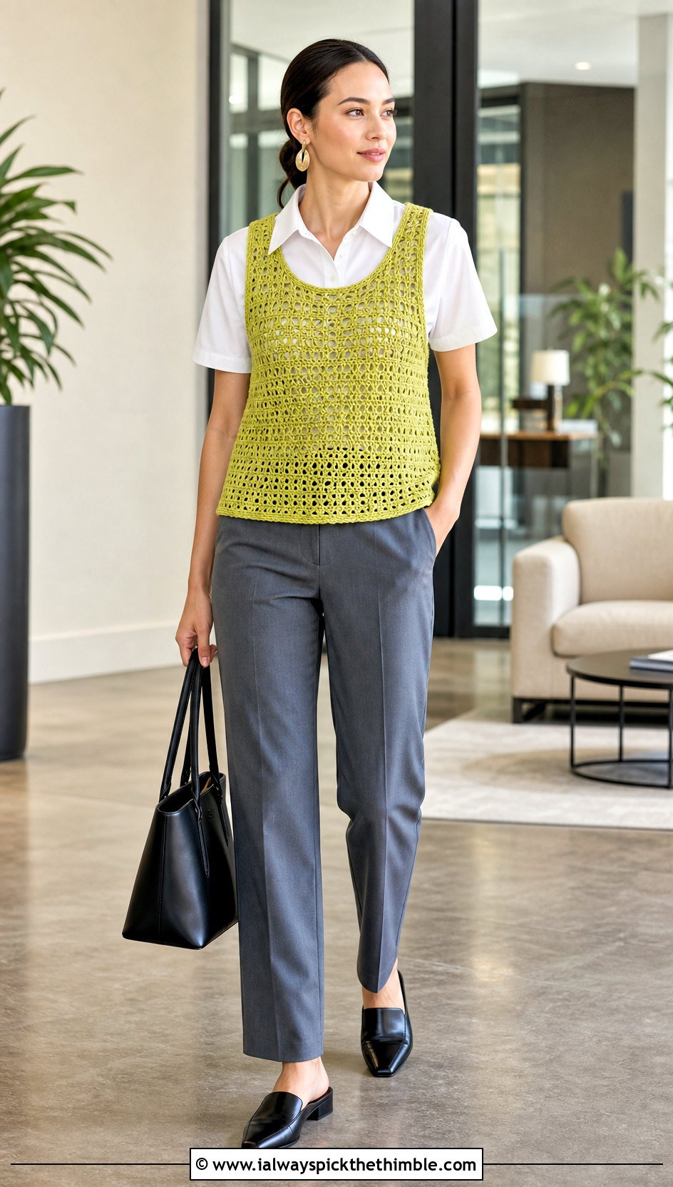 Crochet Vest Top With Poplin Shirt And Trousers - 25 Cute Summer Crochet Tops outfit ideas