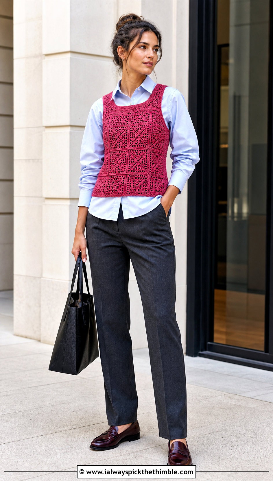 Crochet Vest Top With Poplin Shirt And Trousers - 20 alexandra saint mleux crochet top outfit ideas