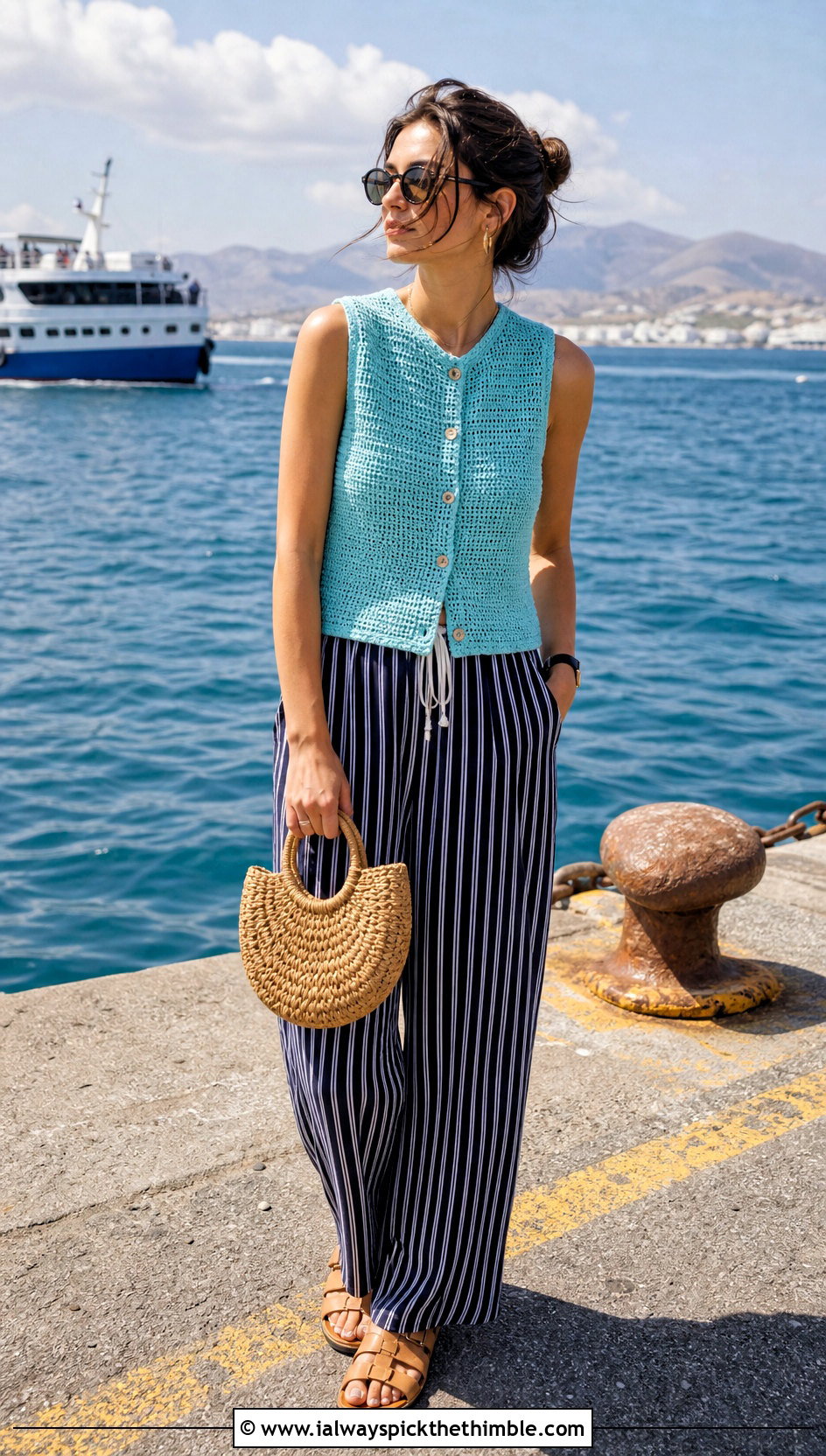Crochet Vest Top With Striped Trousers - 25 Beach Crochet Top outfit ideas