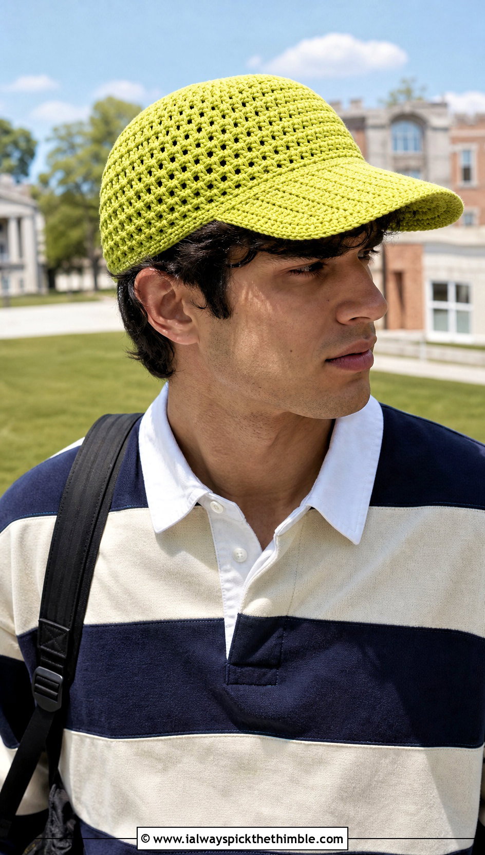 Crochet Visor Cap With Rugby Shirt And Carpenter Pants - 20 men crochet hat outfit ideas