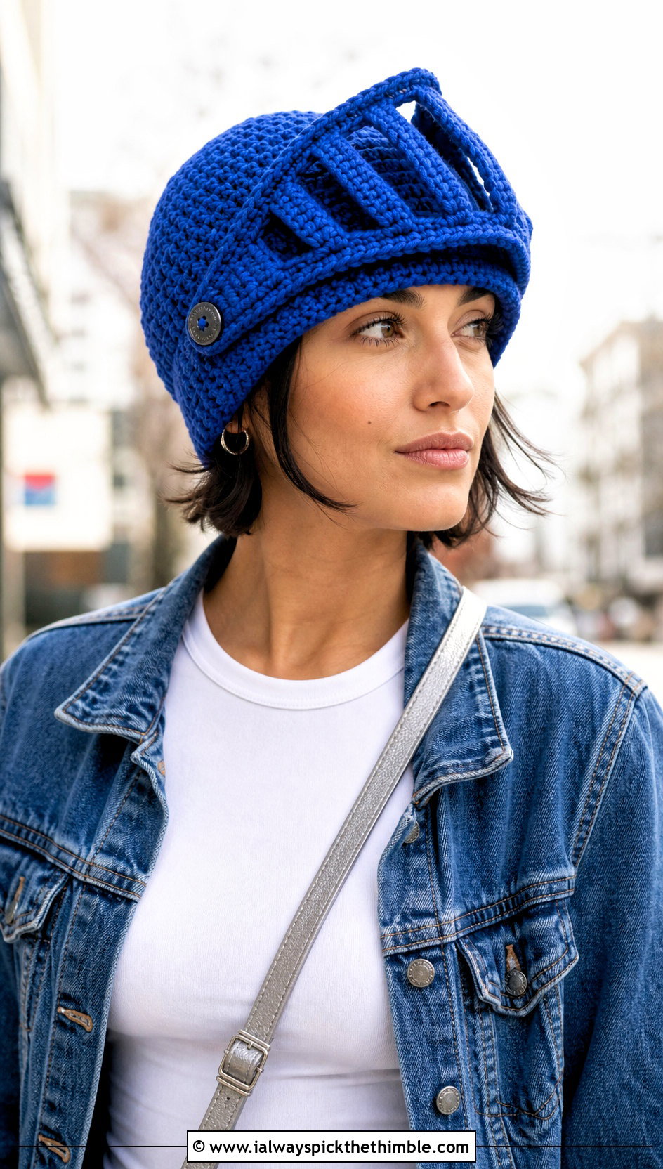 Crochet Visor Knight Helmet With Denim Jacket - 15 Knight Crochet Hat outfit ideas