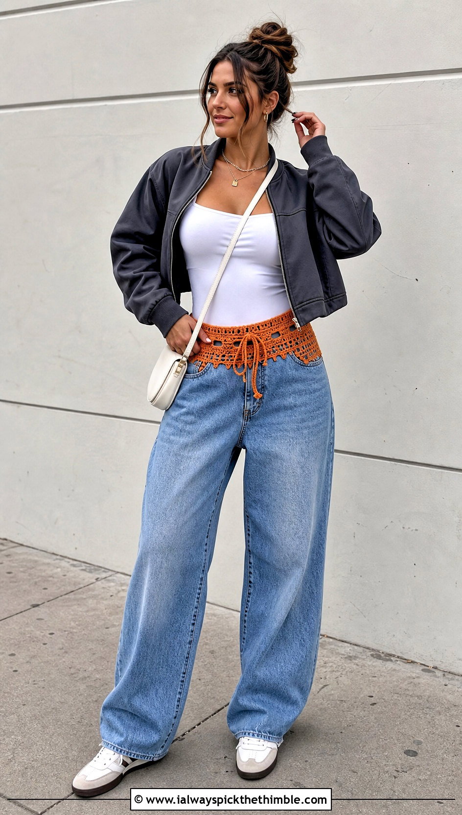 Crochet Waistband Baggy Jeans With Fitted Bodysuit - 20 crochet denim pants outfit ideas