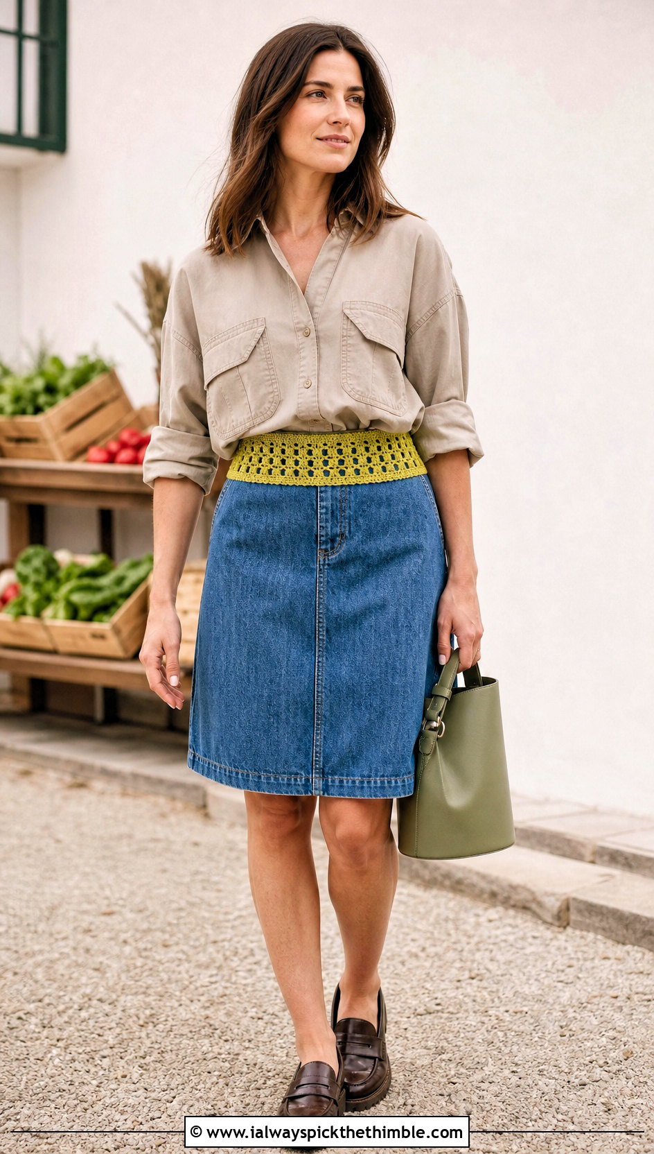 Crochet Waistband Denim A Line Skirt With Utility Shirt - 20 denim crochet skirt outfit ideas