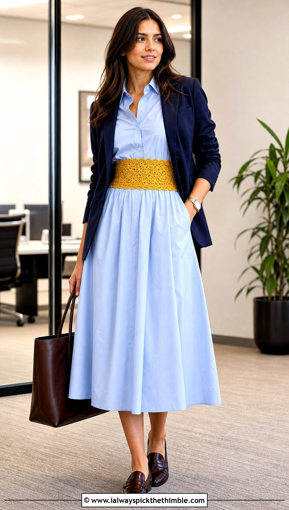 Crochet Waistband Poplin Shirt Dress With Loafers - 20 fabric and crochet dress outfit ideas