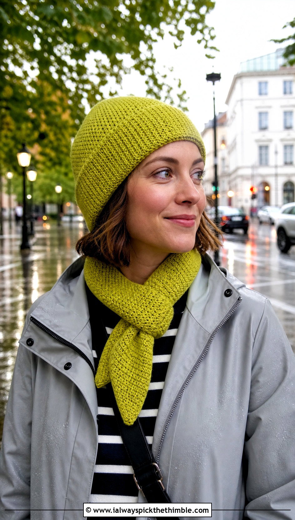 Crochet Watch Cap And Tapered Scarf With Raincoat - 25 crochet hat and scarf set outfit ideas
