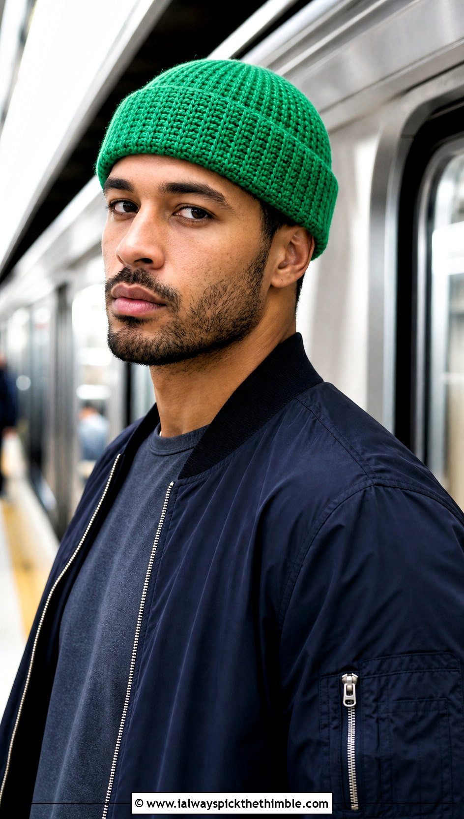 Crochet Watch Cap With Bomber Jacket - 20 male crochet hat outfit ideas