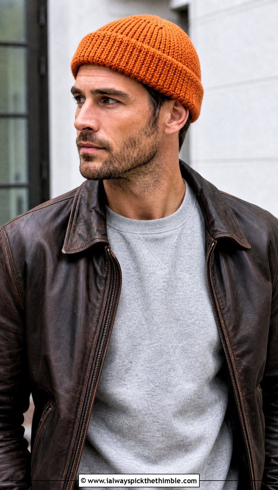 Crochet Watch Cap With Leather Jacket - 15 Unique Crochet Men Hat outfit ideas