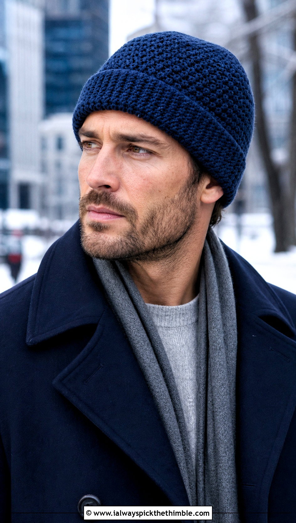 Crochet Watch Cap With Peacoat - 25 men's crochet hat outfit ideas