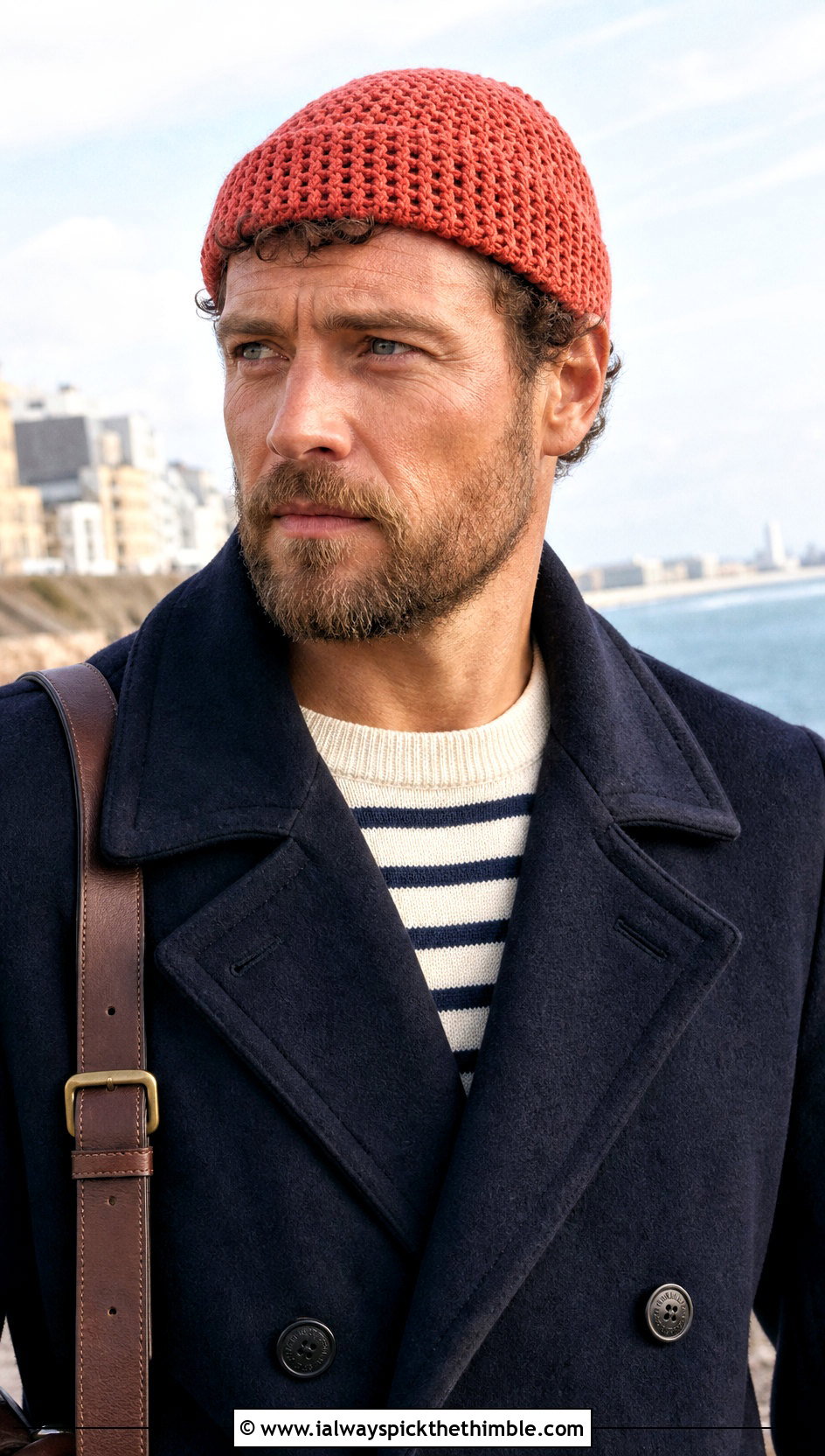 Crochet Watch Cap With Peacoat - 25 crochet hats for men outfit ideas
