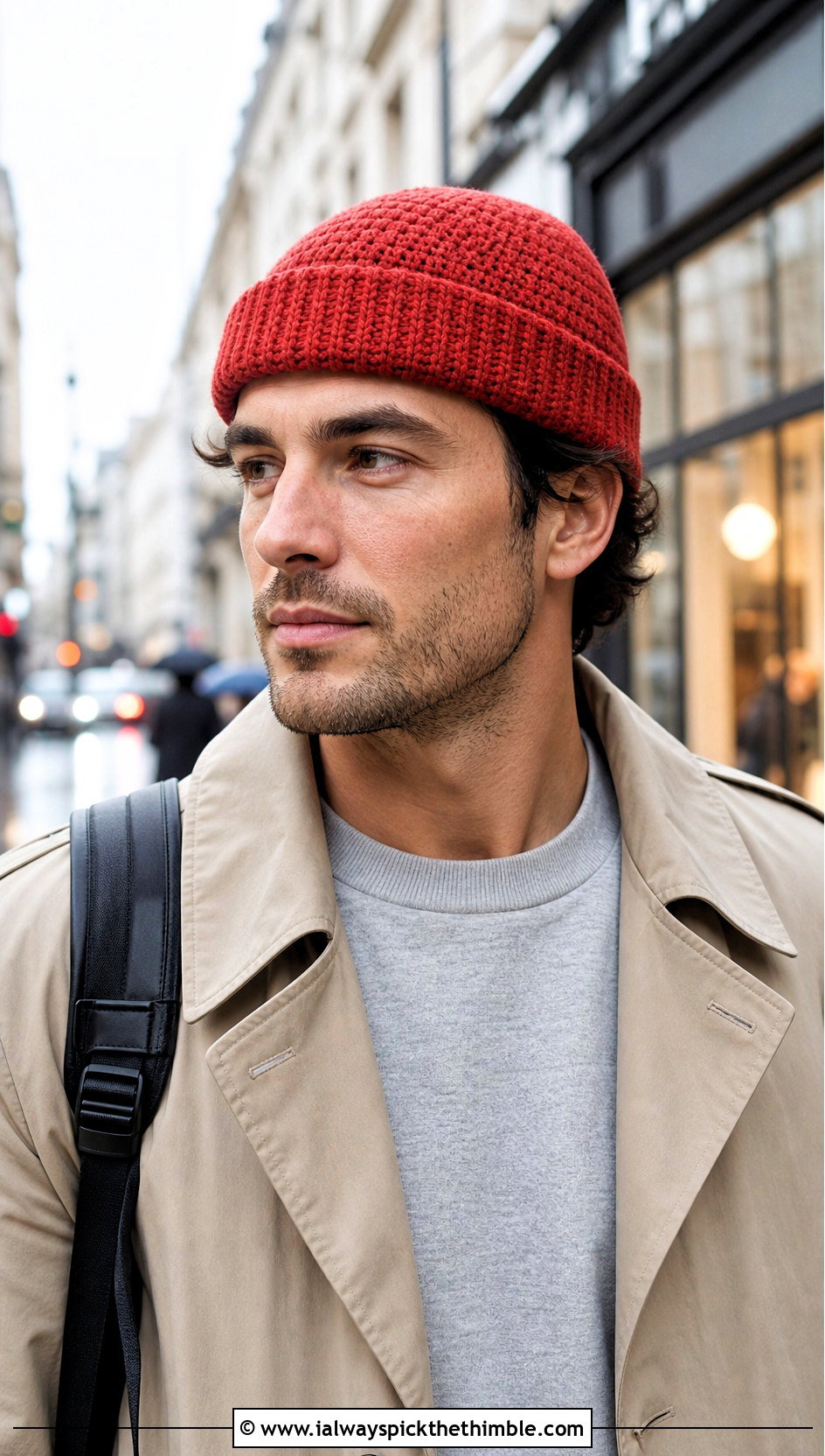Crochet Watch Cap With Trench Coat And Straight Trousers - 20 men crochet hat outfit ideas