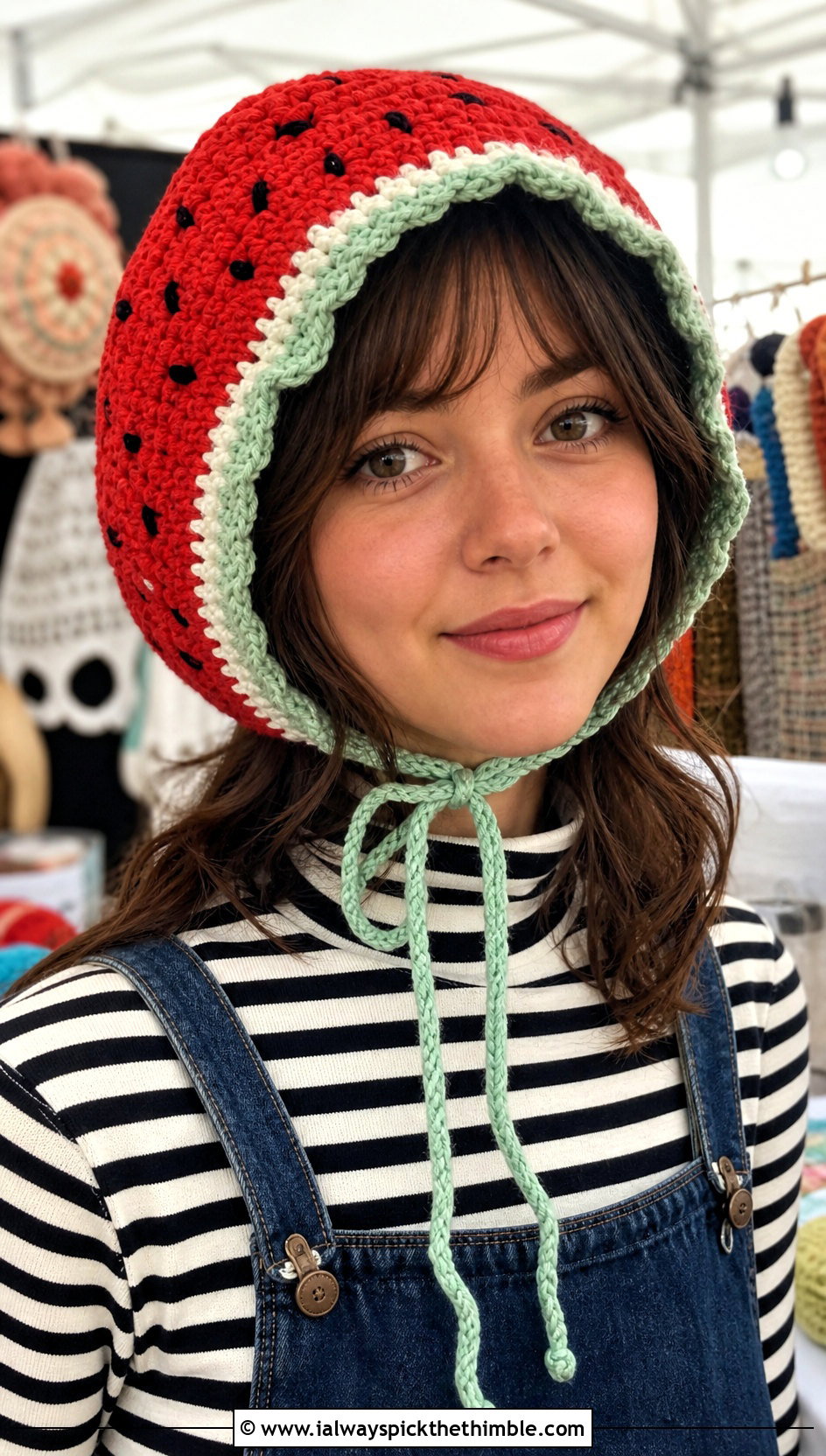 Crochet Watermelon Bonnet Hat With Pinafore Dress - 20 crochet watermelon hat outfit ideas