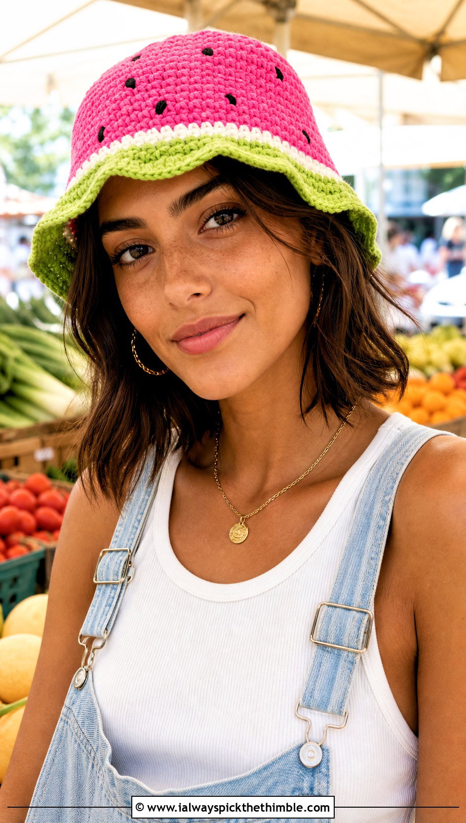 Crochet Watermelon Bucket Hat With Denim Overalls - 20 crochet watermelon hat outfit ideas