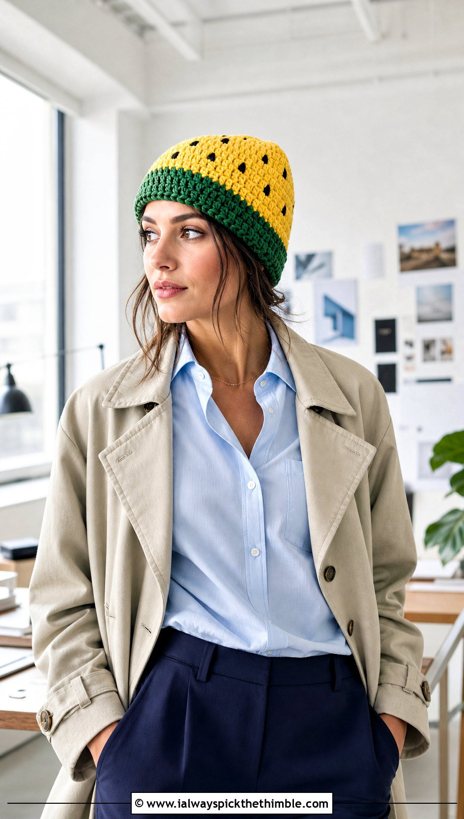 Crochet Watermelon Classic Beanie With Tailored Trousers - 20 crochet watermelon hat outfit ideas