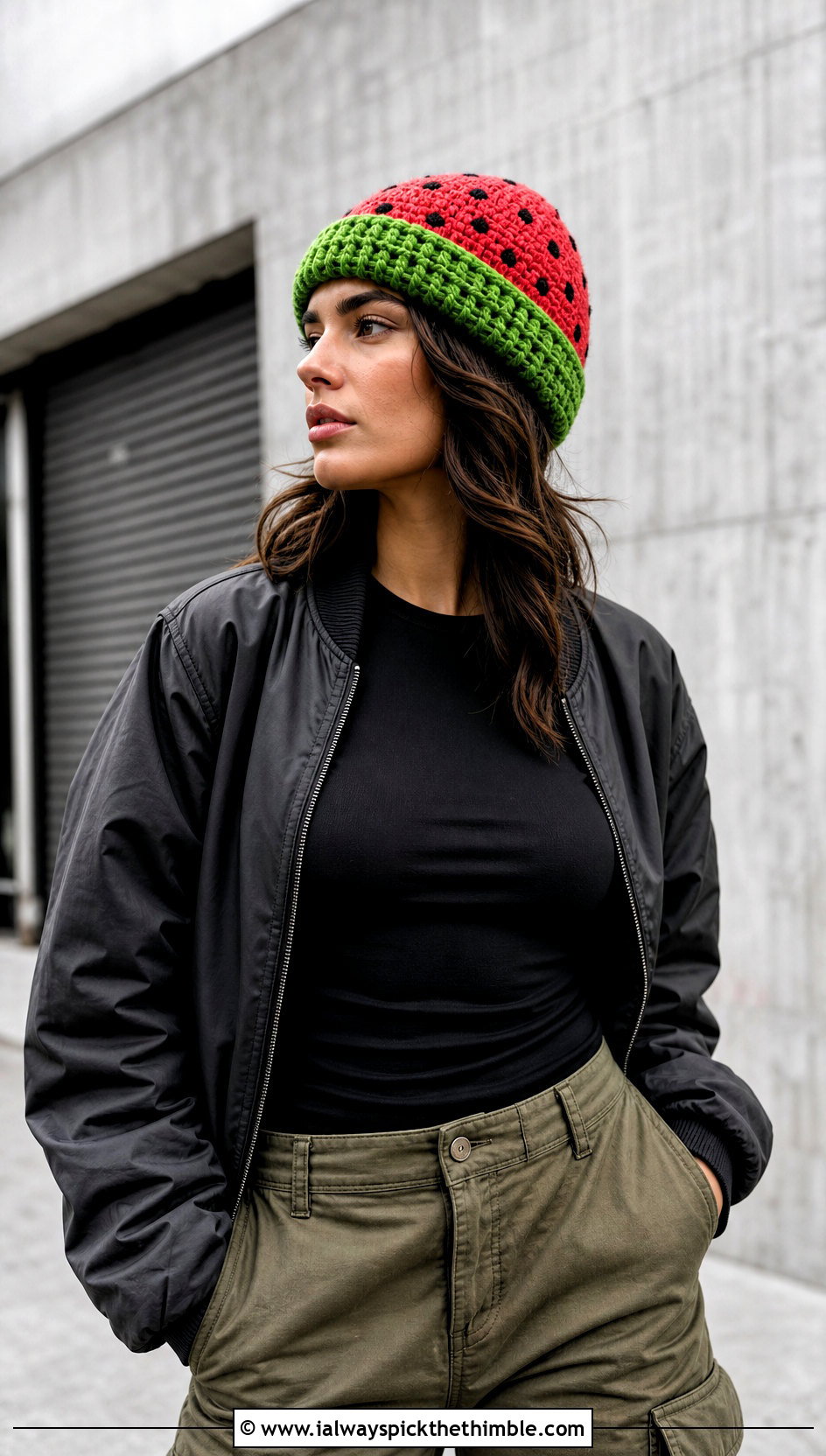 Crochet Watermelon Fisherman Beanie With Cargo Pants - 20 crochet watermelon hat outfit ideas