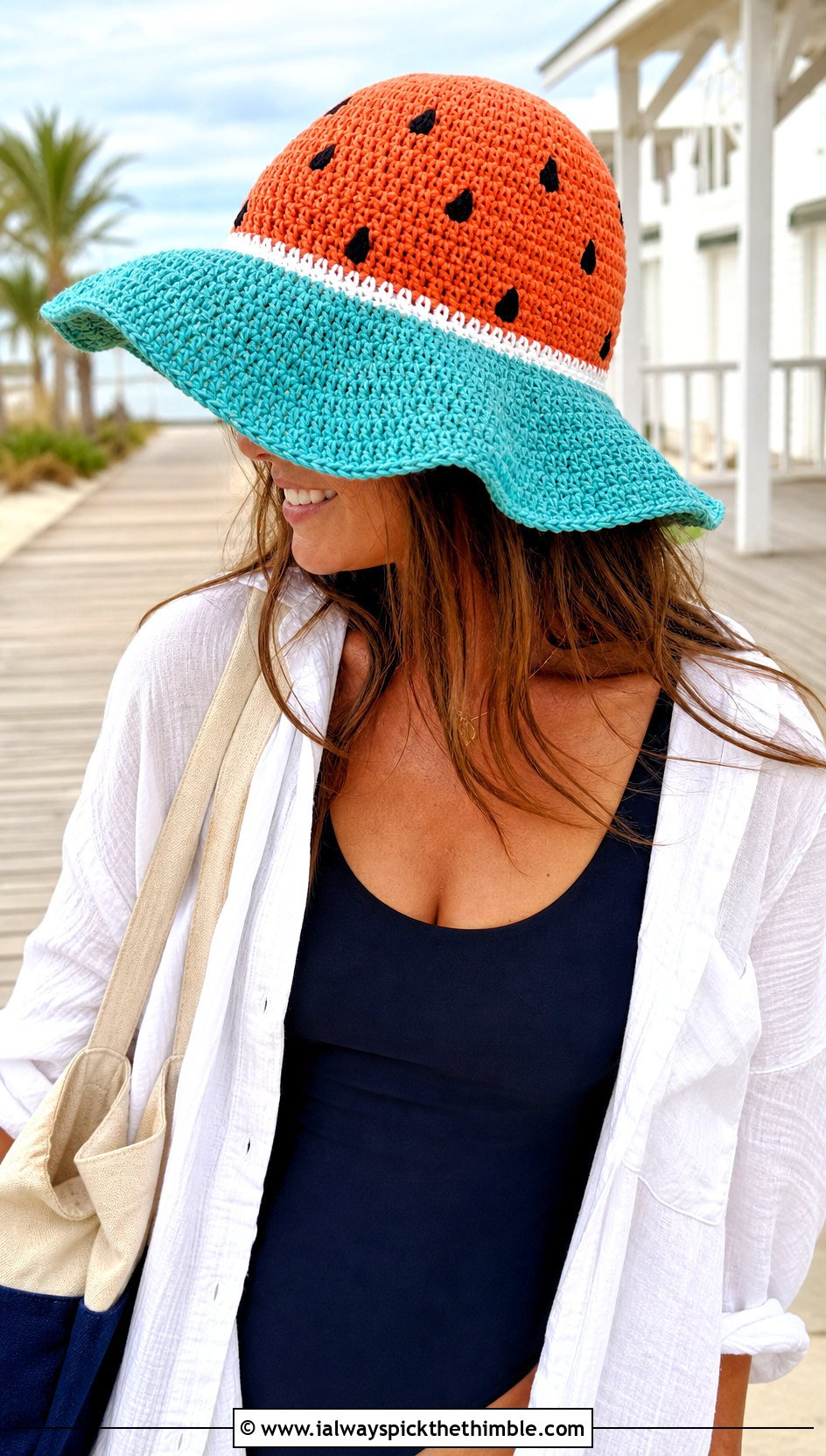 Crochet Watermelon Floppy Hat With Swimsuit And Cover Up - 20 crochet watermelon hat outfit ideas