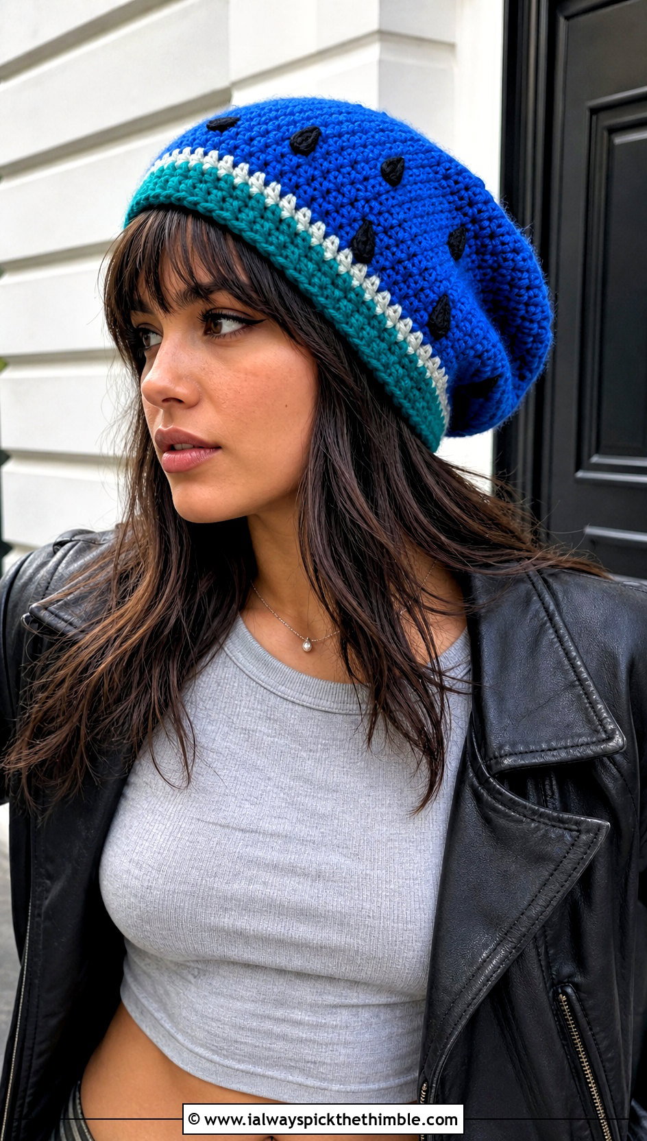 Crochet Watermelon Slouchy Beanie With Leather Jacket - 20 crochet watermelon hat outfit ideas
