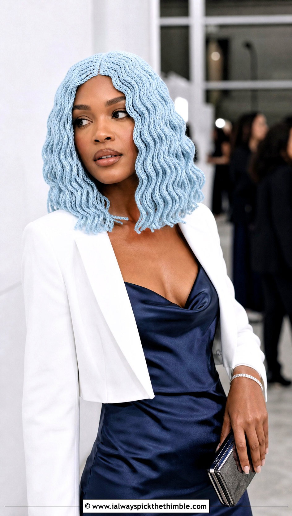 Crochet Wavy Lob Wig Hat With Slip Dress And Cropped Blazer - 20 Crochet Wig Hat outfit ideas