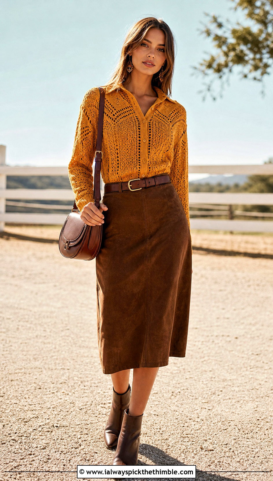 Crochet Western Shirt With Suede Midi Skirt - 25 crochet shirts outfit ideas