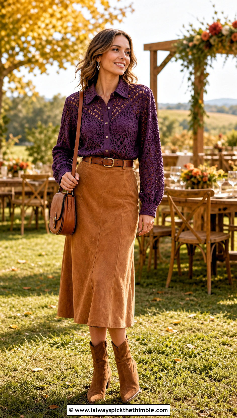 Crochet Western Shirt With Suede Midi Skirt - 25 crochet shirt for women outfit ideas
